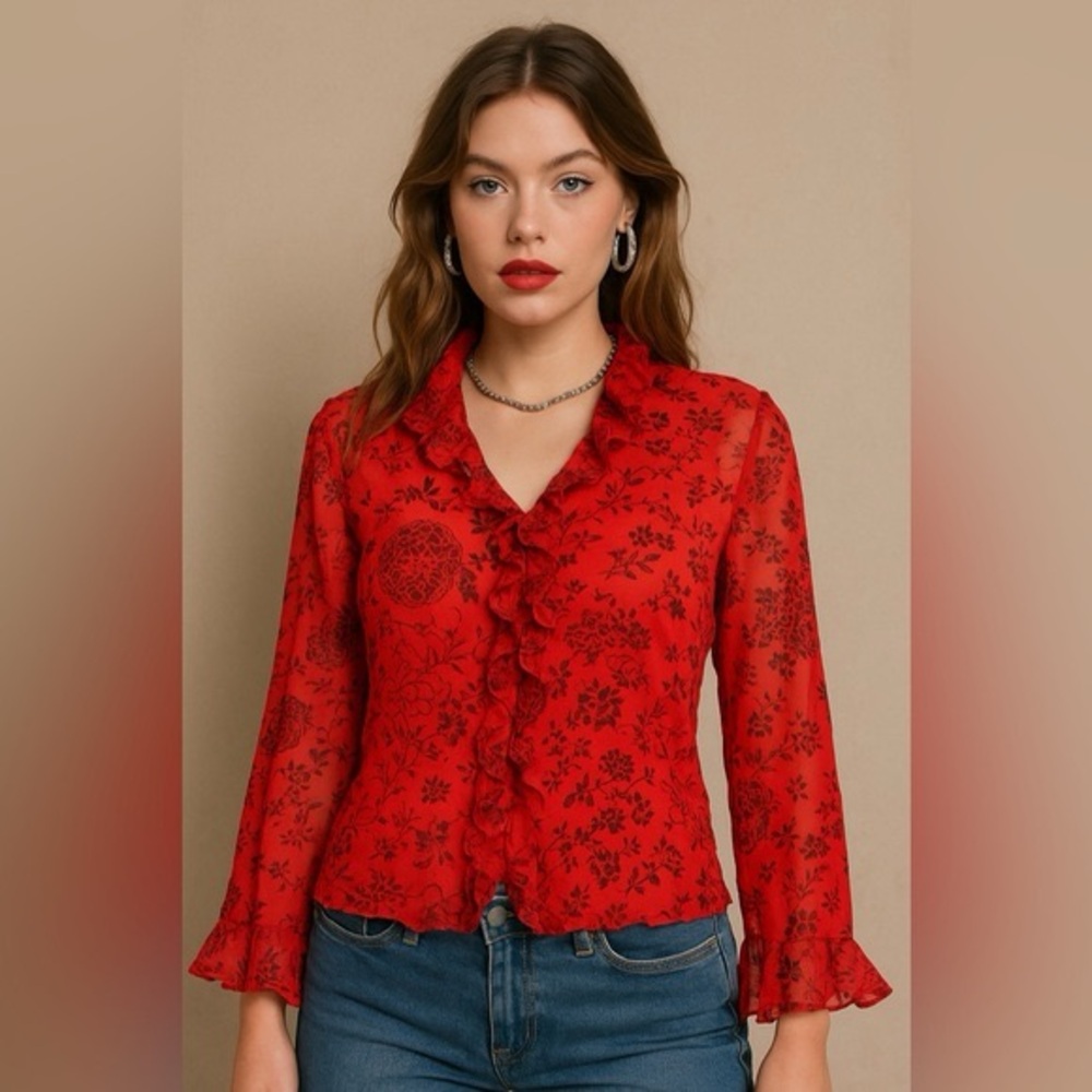 Y2K Red Silk Ruffle Blouse by New York City Design Co